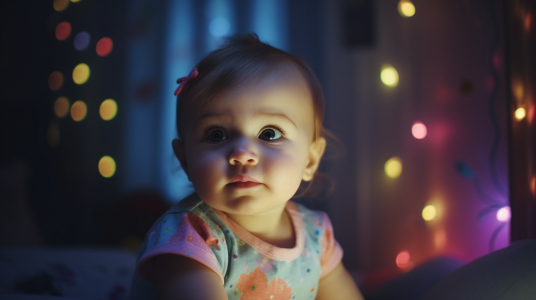 Portrait d'une petite fille de un an avec une projection de lumière colorées derrière elle grâce à une veilleuse