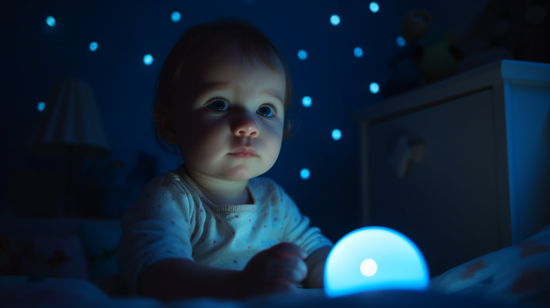 Portrait d'un bébé fille d'un an qui tient une veilleuse de couleur bleue