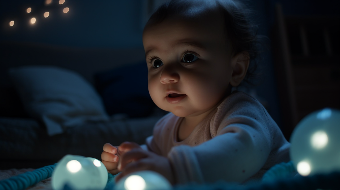 Portrait d'un bébé fille arabe de un an avec une veilleuse de couleur bleue