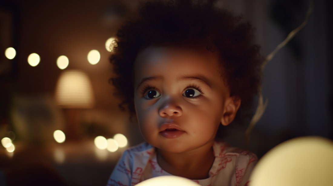 Portrait d'un petit garçon afro d'un an avec sa veilleuse
