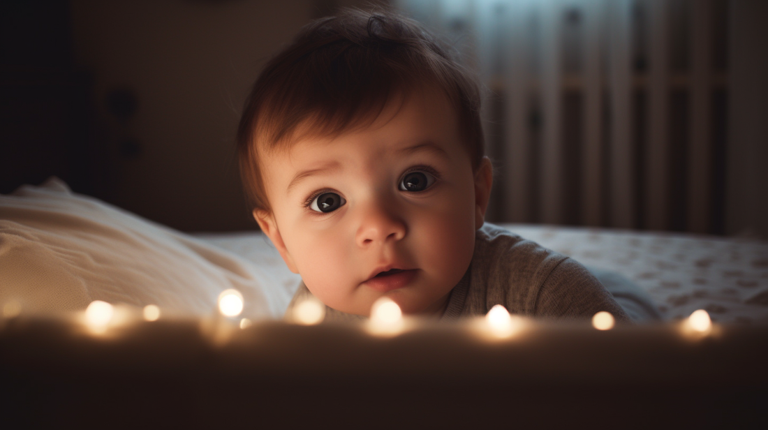 Portrait d'un bébé garçon de un an dans son lit avec une lumière devant lui