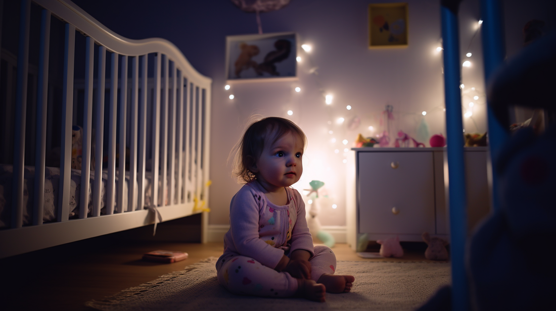 Portrait d'une petite fille de deux ans assise dans sa chambre avec des lumières derrières
