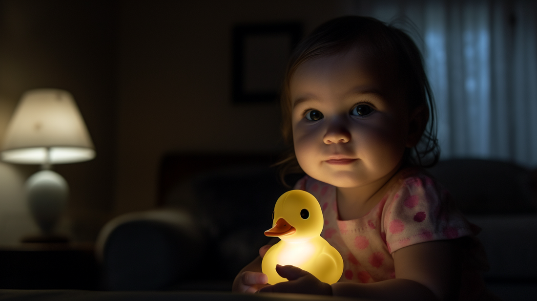 Veilleuse canard avec un bébé fille aux yeux bleus de un an