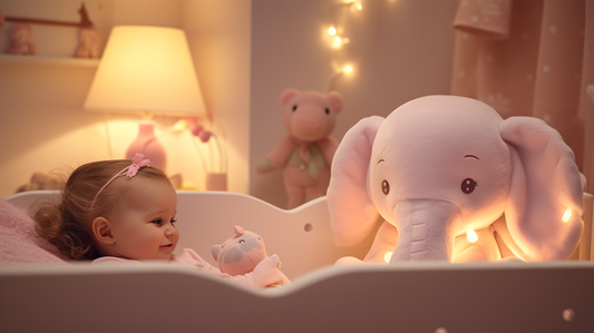 Veilleuse en forme d'elephant avec un bébé fille de un an dans son lit