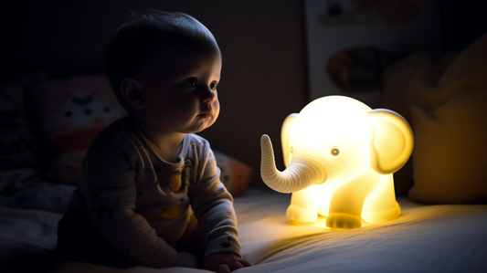 Veilleuse éléphant avec un bébé garçon de un an