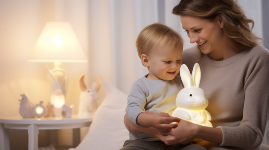 Veilleuse en forme de lapin avec un bébé garçon et sa maman