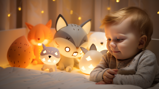 Veilleuse en forme de renard lumineux avec un petit bébé garçon de un an dans son lit