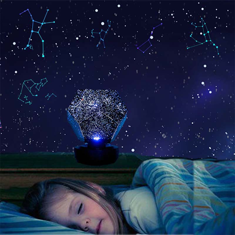 Lampe veilleuse à projection d’étoile au plafond pour bébé positionné derrière une petite fille qui dort