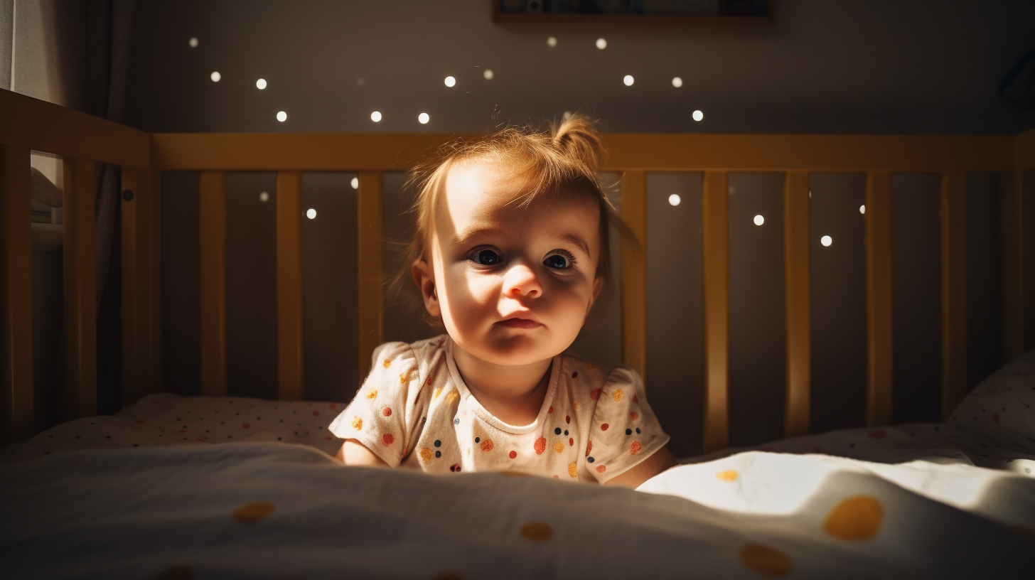 Portrait d'une petite fille de un an assise dans son lit