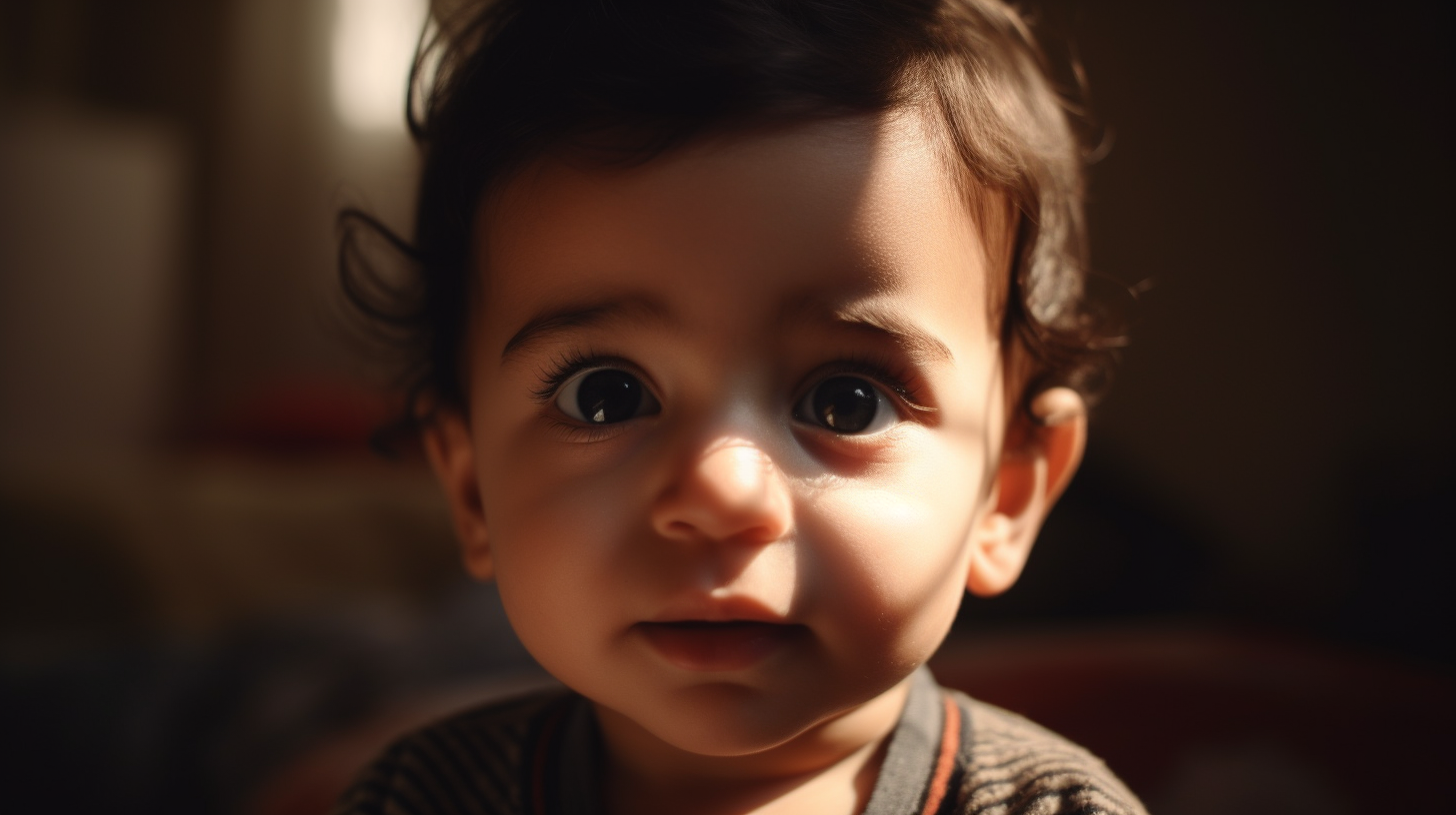Portrait d'un petit garçon de un an d'origine arabe en gros plan avec un regard face camera