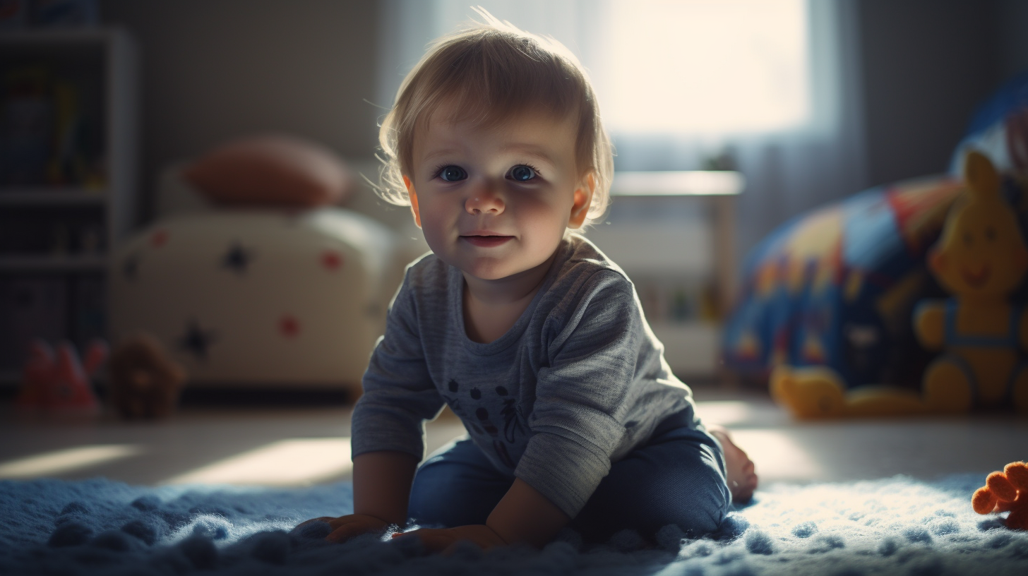 Portrait d'un petit garçon blond de un an assis sur un tapis