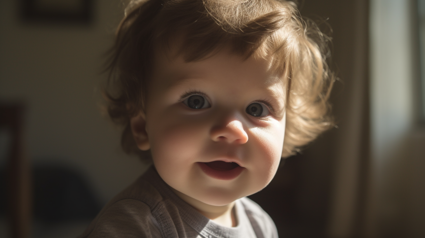 Veilleuse tortue et portrait d'un petit garçon brun de un an souriant