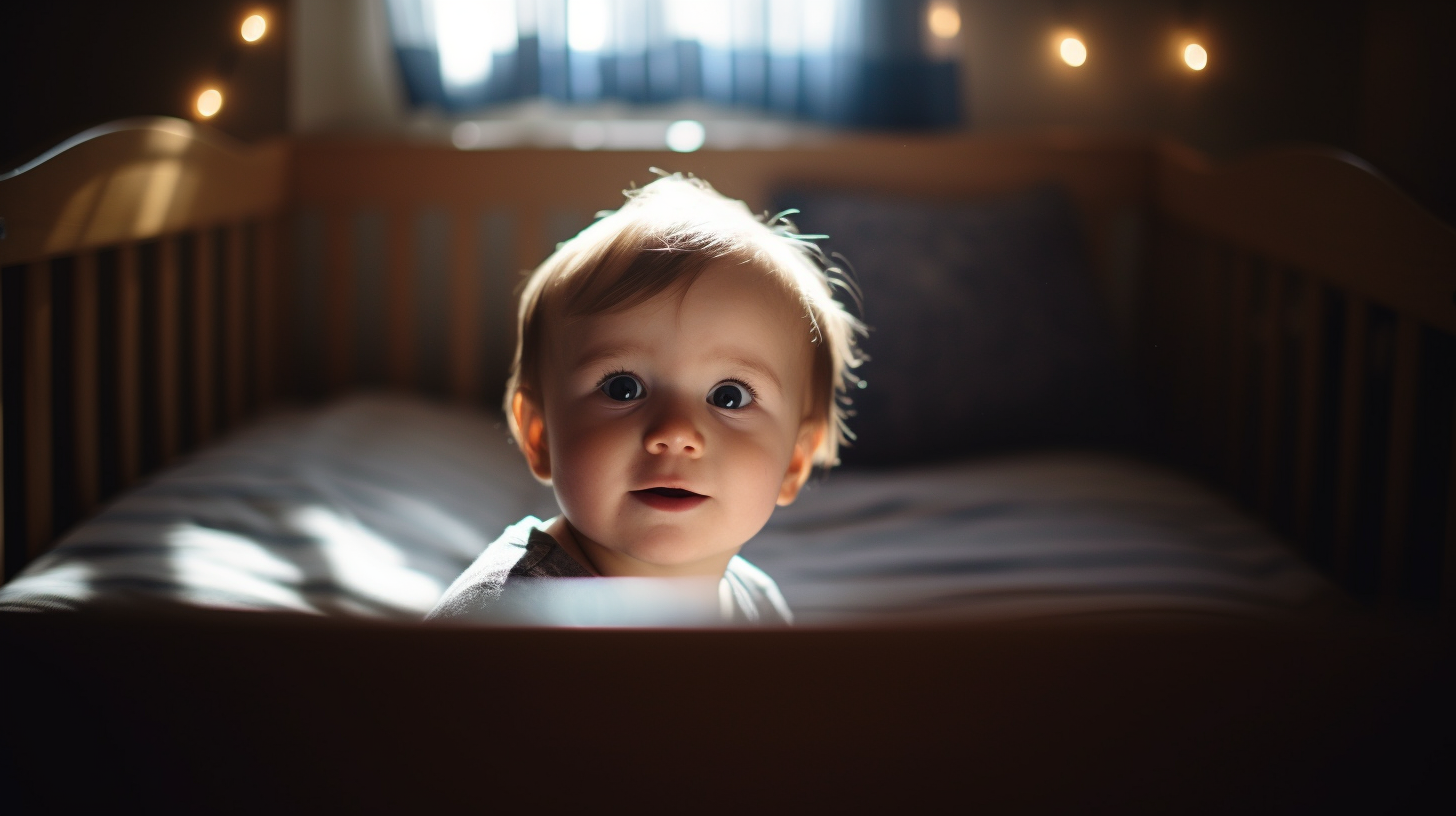 Portrait d'un bébé garçon de un an dans son lit qui regarde la camera