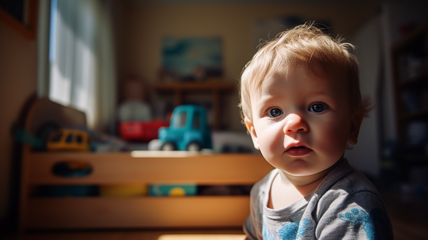 Portrait d'un petit garçon blond de deux ans aux yeux bleus avec un regard face camera