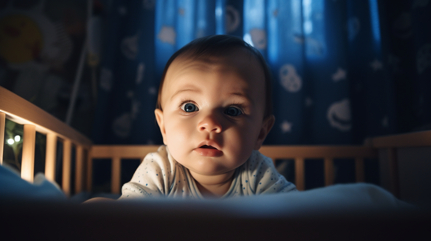 Portrait d'un bébé garçon de six mois assis dans son lit
