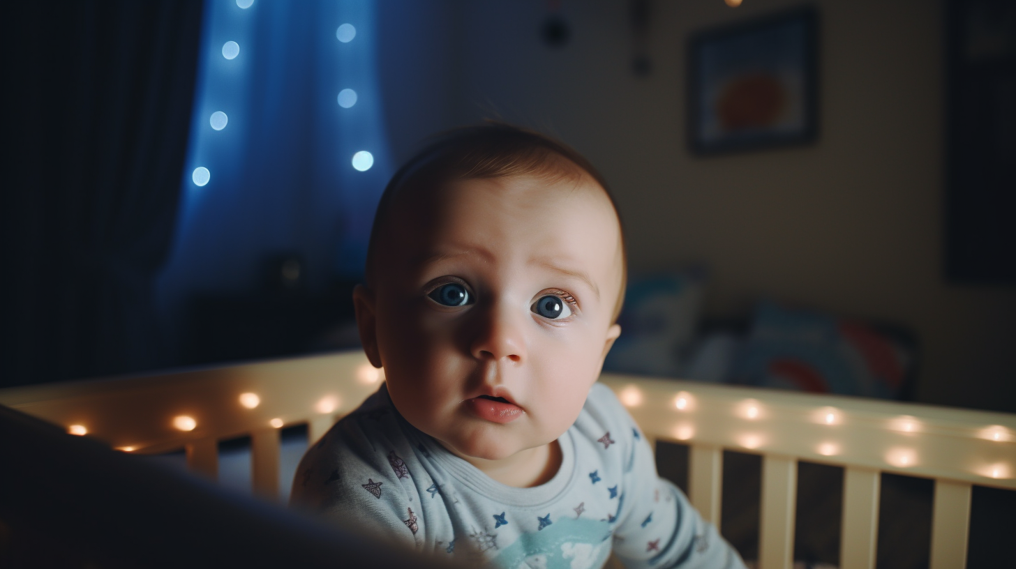 Portrait d'un bébé garçon de six mois aux yeux bleus dans son lit