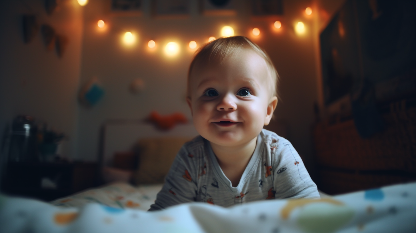 Veilleuse tortue et portrait d'un bébé garçon de un an blond dans son lit