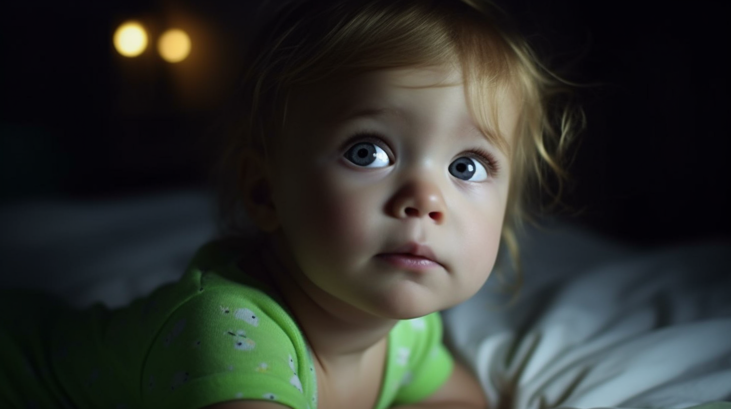 Portrait d'un bébé fille de 1 an avec des yeux verts qui dort dans son lit