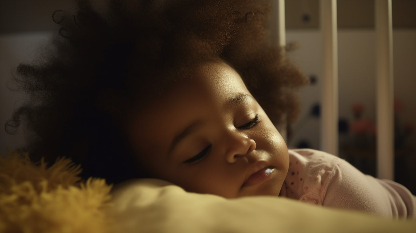 Portrait d'un bébé fille de 1 an d'origine afro qui dort dans son lit