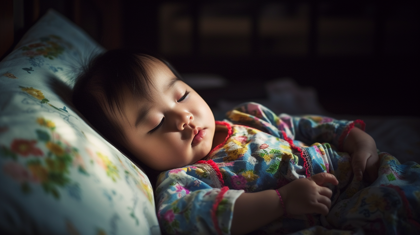 Portrait d'un bébé fille de 1 an d'origine asiatique qui dort dans son lit