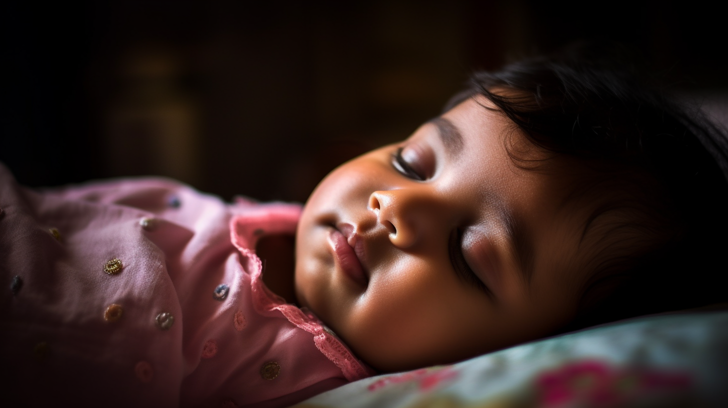 Portrait d'un bébé fille indienne de un an qui dort dans son lit