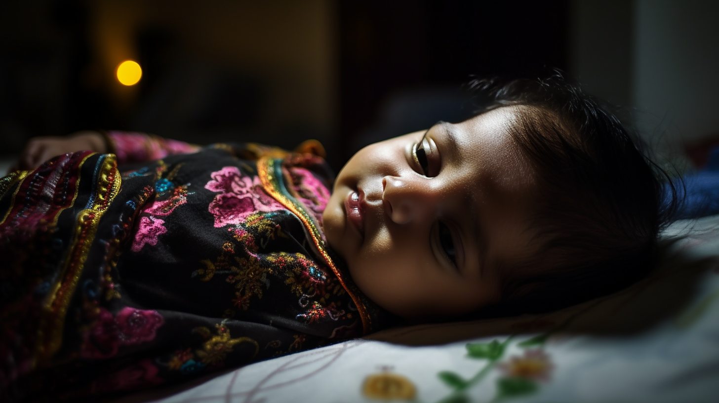 Portrait d'un bébé fille de 6 mois d'origine indienne qui dort dans son lit