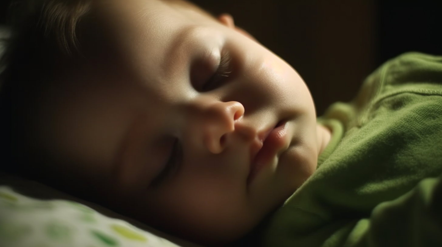 Portrait d'un bébé garçon de 1 an avec un haut vert qui dort dans son lit