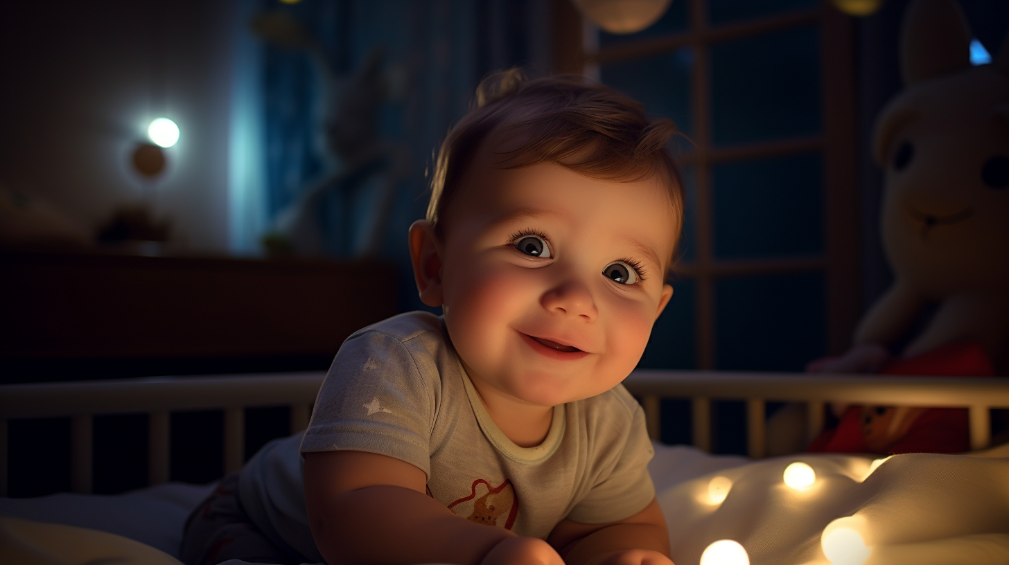 Veilleuse pour bébé avec lumière jaune et un bébé garçon blanc de six mois