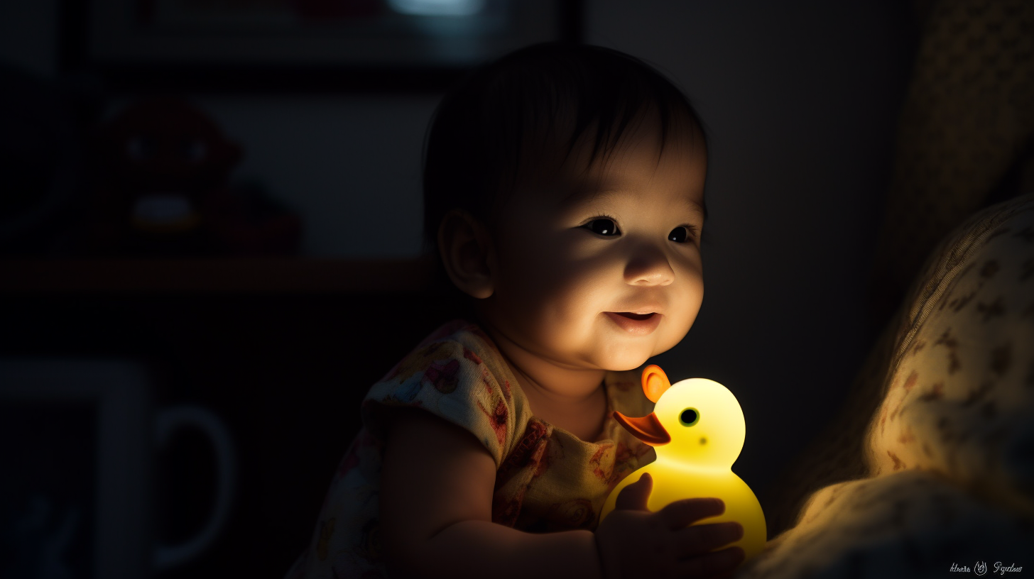 Veilleuse canard avec une petite fille asiatique de un an