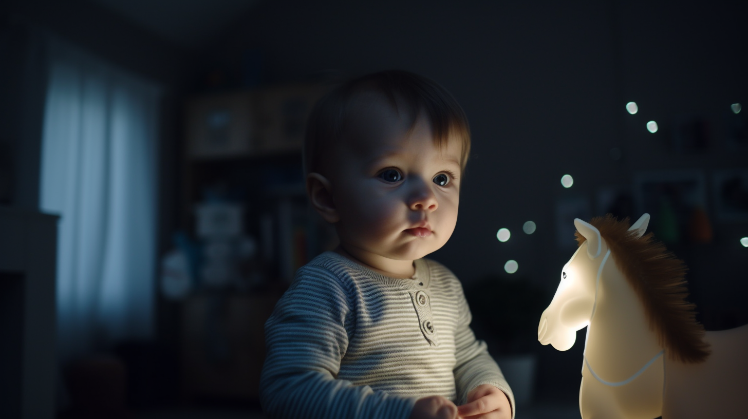 Veilleuse cheval lumineux avec un petit garçon de un an