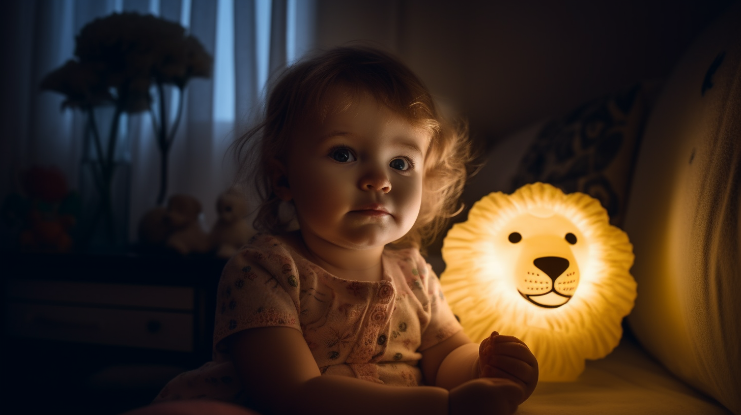 Veilleuse lion avec une petite fille de un an