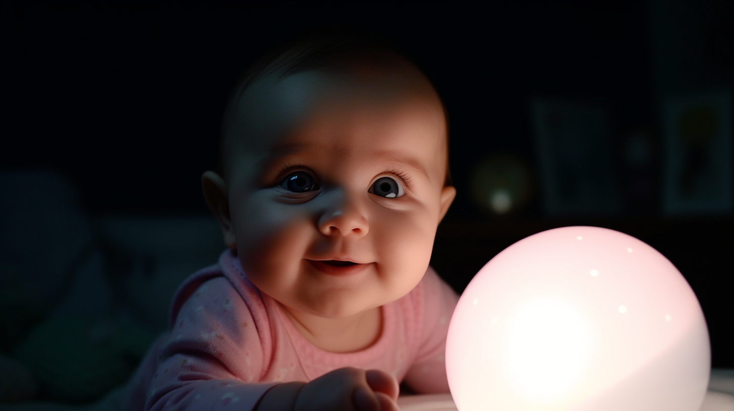 Veilleuse lune avec un petit bébé fille de six mois