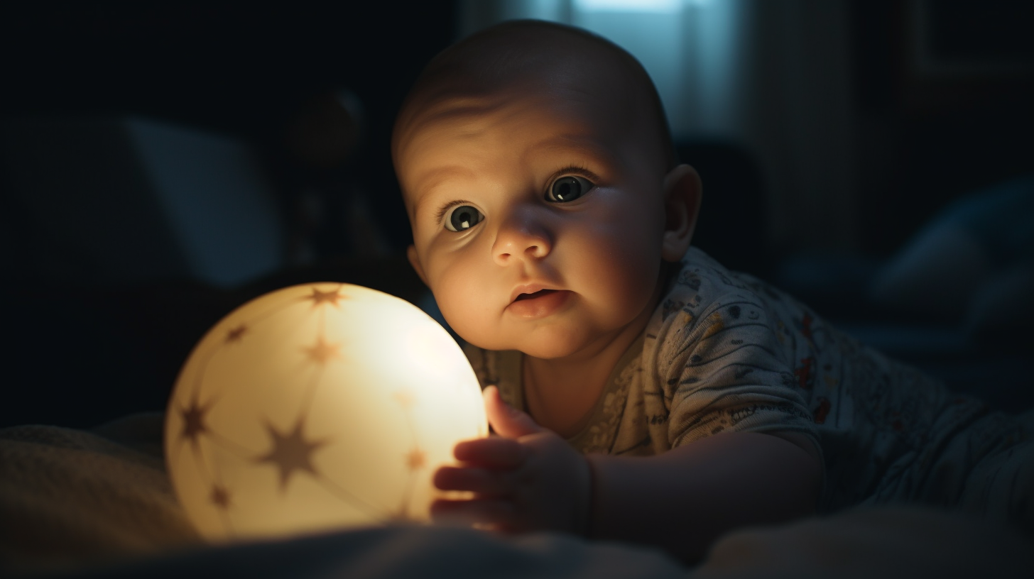 Veilleuse lune avec un bébé garçon de six mois