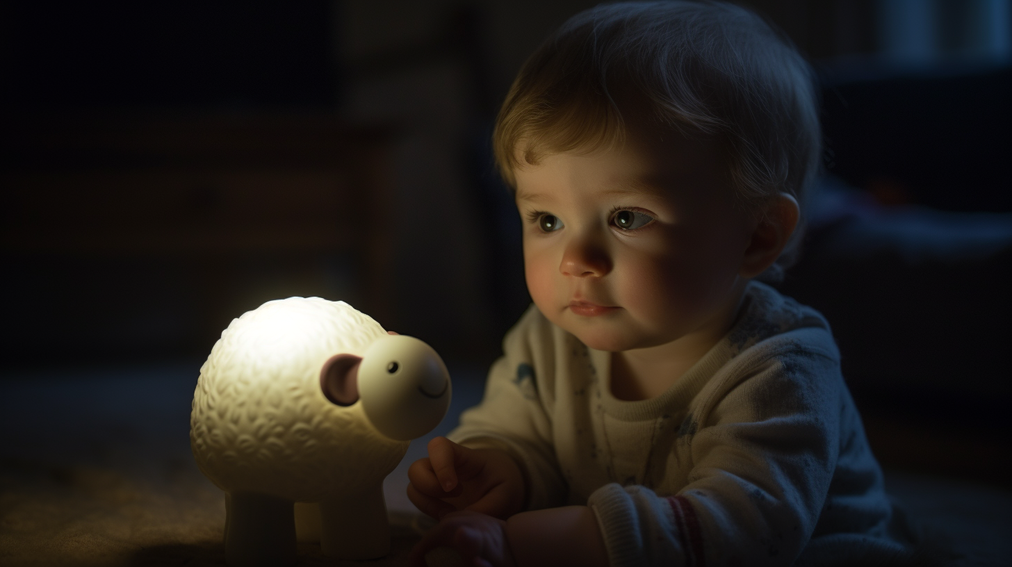 Veilleuse mouton avec un petit garçon de un an