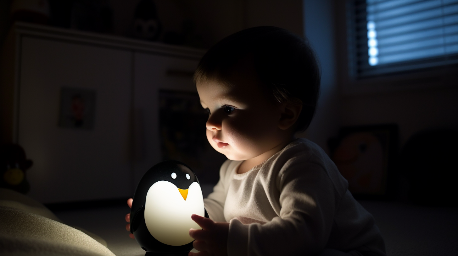 Veilleuse pingouin avec un petit garçon de un an