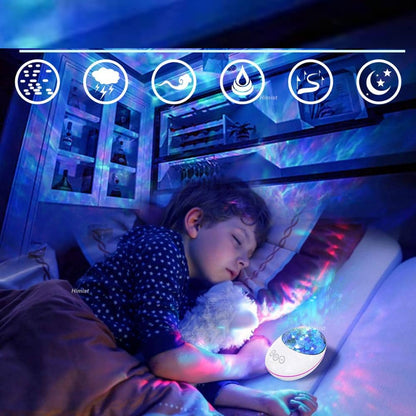 Veilleuse à projection de galaxie pour bébé posée sur un lit devant un bébé qui dort