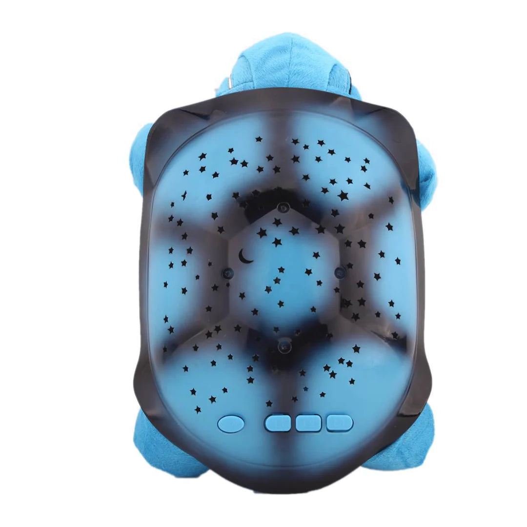 Peluche veilleuse en forme de tortue à projection de ciel étoilé, couleur bleu, vue de dos